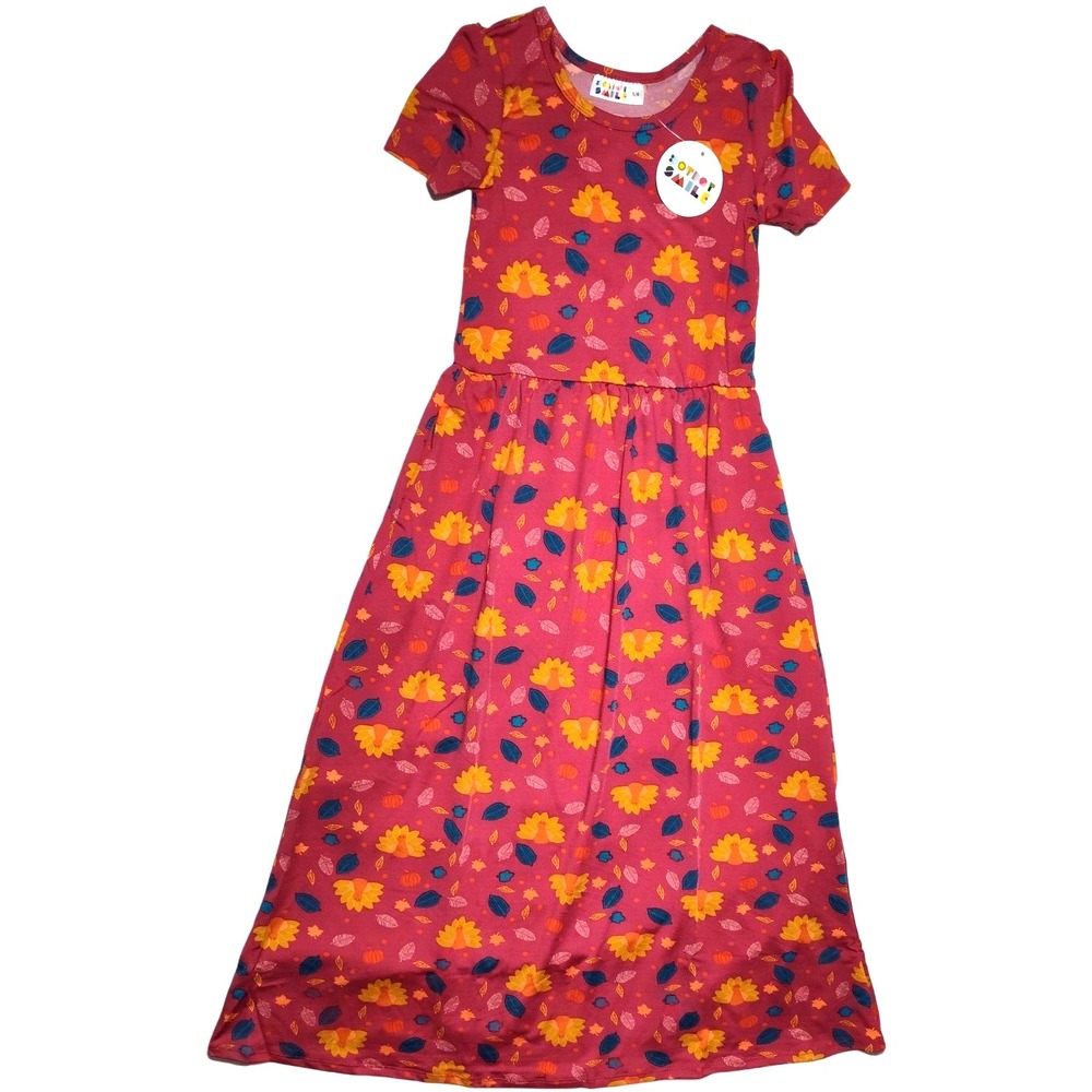 Dot Smile Girls 5 6 Turkey Pumpkin Leaves‎ Maxi Dress Thanksgiving Fall Pockets
